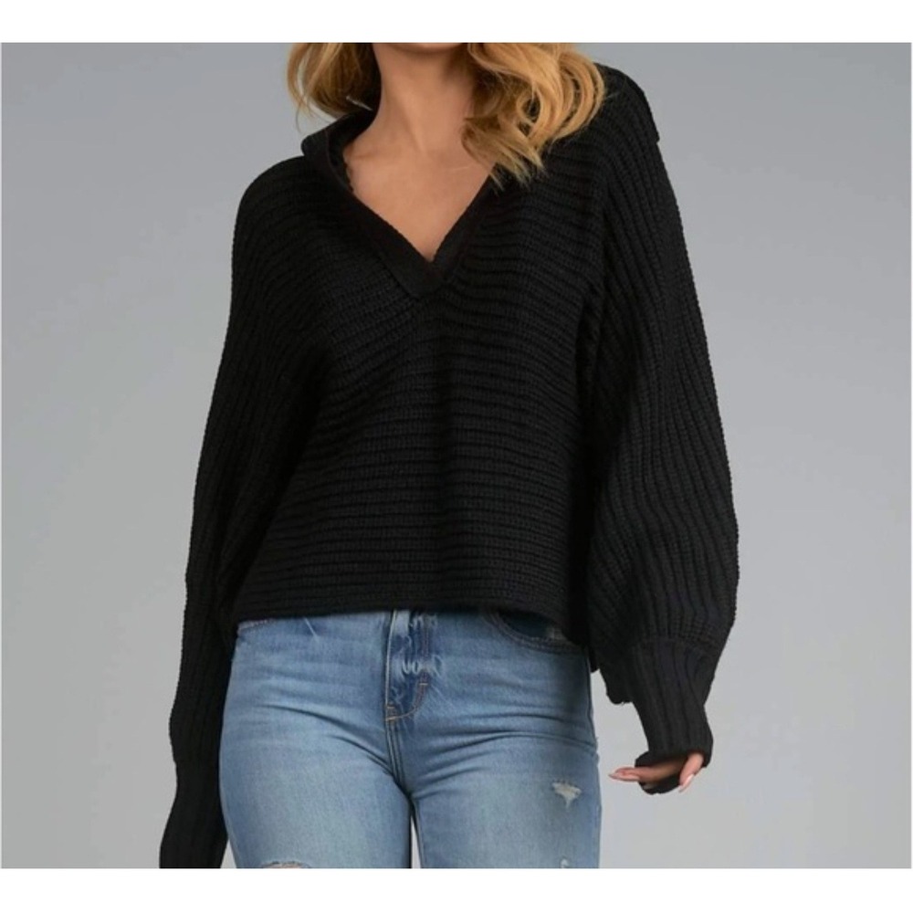 Sierra By Elan Women's Collard Slouchy Ribbed Knit Sweater Boho Casual Chic Sz S